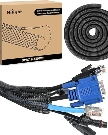 Nilight Cable Sleeve, 25ft-1inch Cord Management Sleeves, Braided Sleeving, Split Self Wrapping Wire Loom for Computer Electrical Automotive Harness Protector Organizer, Black