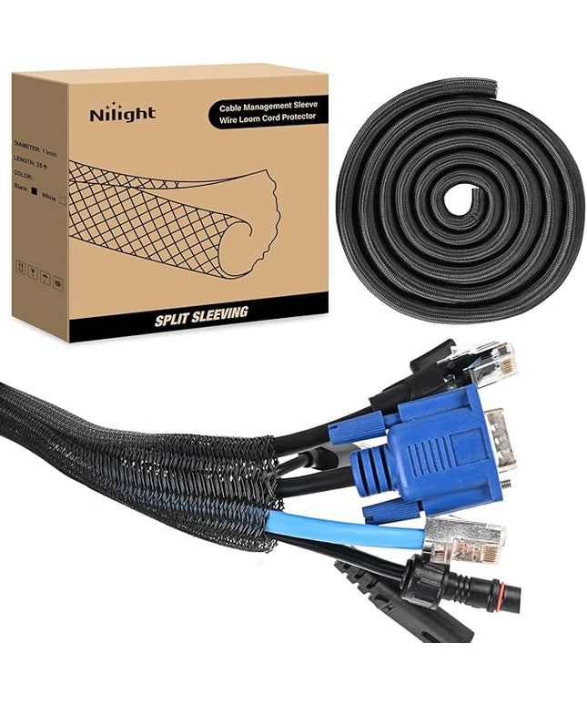 Nilight Cable Sleeve, 25ft-1inch Cord Management Sleeves, Braided Sleeving, Split Self Wrapping Wire Loom for Computer Electrical Automotive Harness Protector Organizer, Black