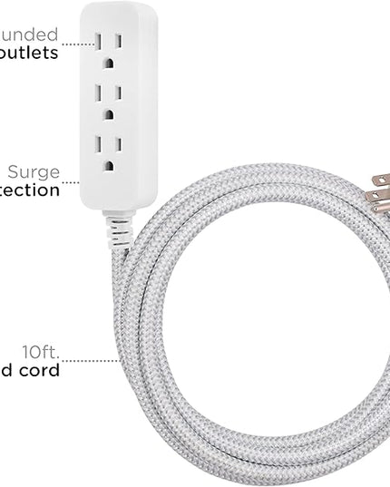 Cordinate 3 Outlet Power Strip Surge Protector Indoor Extension Cord 16 Gauge 10 Ft 3 Prong Braided Extension Cords Flat Extension Cord ETL Listed White 37914