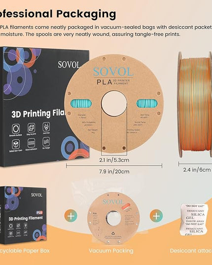 Sovol Dual Color PLA Filament 1.75mm, Silk PLA 3D Printing Material, Dual Color Filament Orange + Light Blue 2 in 1 Coextrusion PLA Filament +/-0.03mm, 1kg/2.2lbs