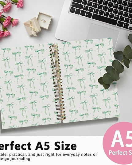 LIANGW Boho Green Bow Notebook Journal for Teen Girls & Women, Preppy Cute Journal Gifts for Women, Girly Gifts, Green Bow Office Supplies, Hardcover Spiral Notebook, 5.5x8.3 Inch