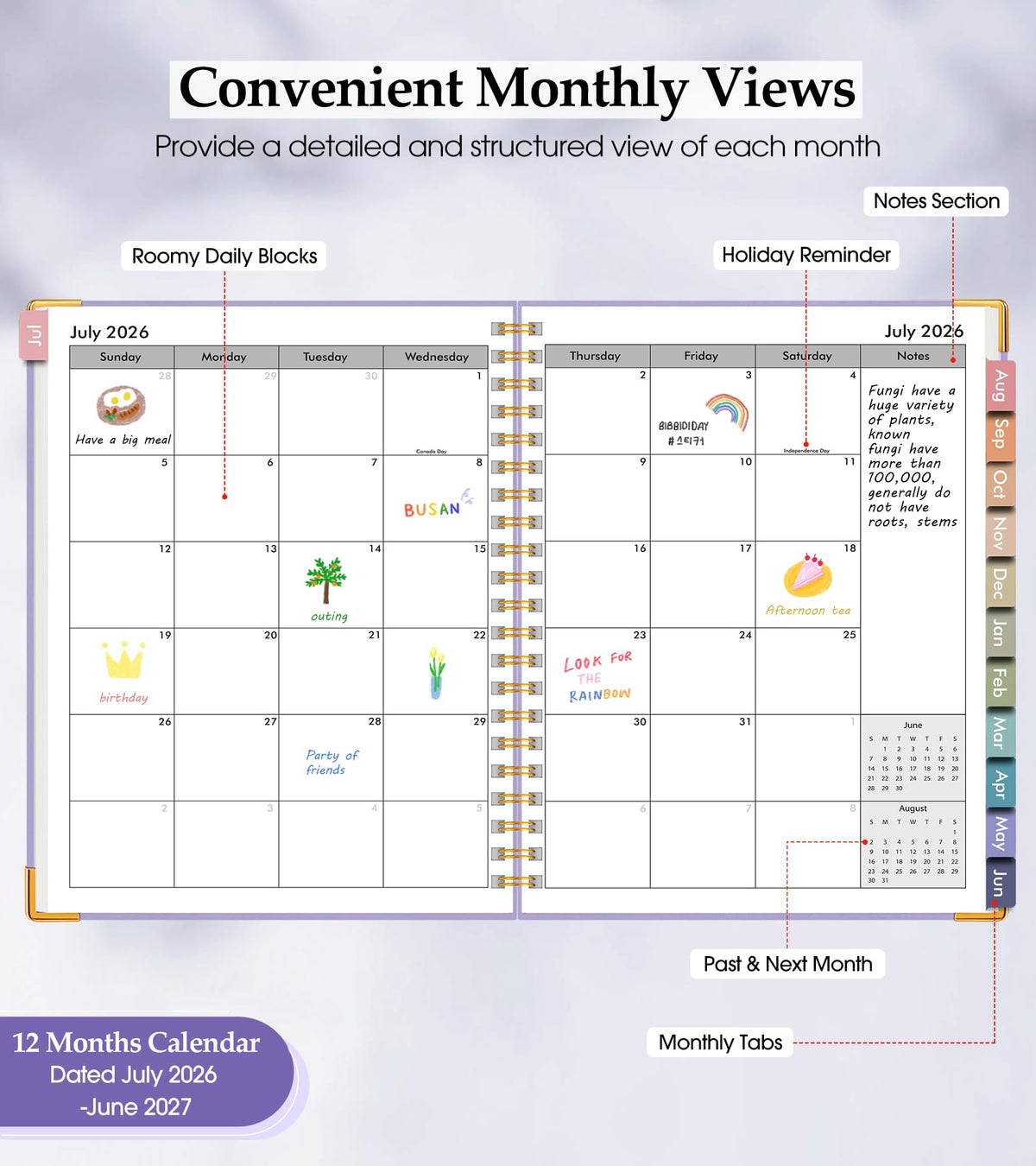 Academic Planner 2026-2027, Hardcover Leather Weekly and Monthly Calendar Planner from July 2026 - June 2027, A5 6.1" x 8.2" Daily Agenda with Tabs, College School Organizer for Student Teacher, Purple