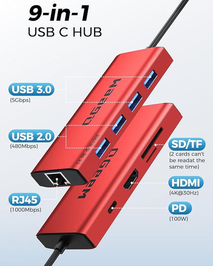 QGeeM USB C Hub Ethernet,9 in 1 USB Type C Hub HDMI Multi-Port Converter Adapter,100W Pd, USB 3.0,SD/TF Card Reader,Compatible for MacBook Pro Air Ipad HP Dell Lenovo Chromebook etc.-Red