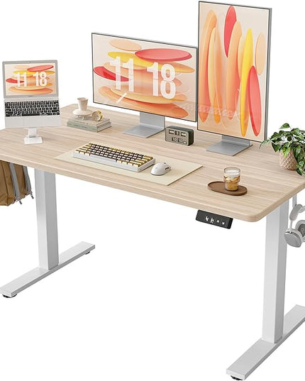TIQLAB 55 * 28 Inches Standing Desk, Adjustable Height Stand up Desk,Sit Stand Home Office Table with Splice Board, Light Walnut