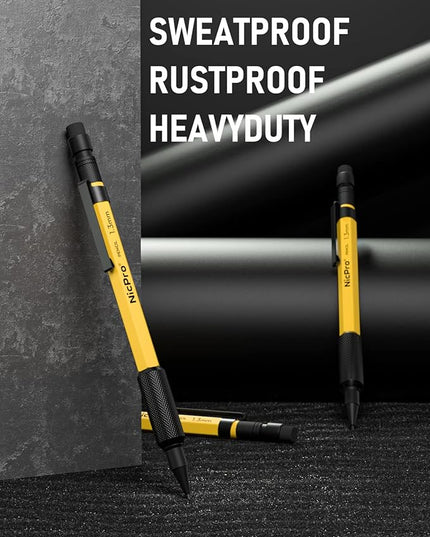 Nicpro 3 PCS 1.3 mm Mechanical Pencil Set with 48 Lead Refills, 3 Eraser - Weatherproof Metal Barrel, Heavy Duty Carpenter Pencil MP2000 for Outdoor Marking Drafting Drawing Woodworking - with Case