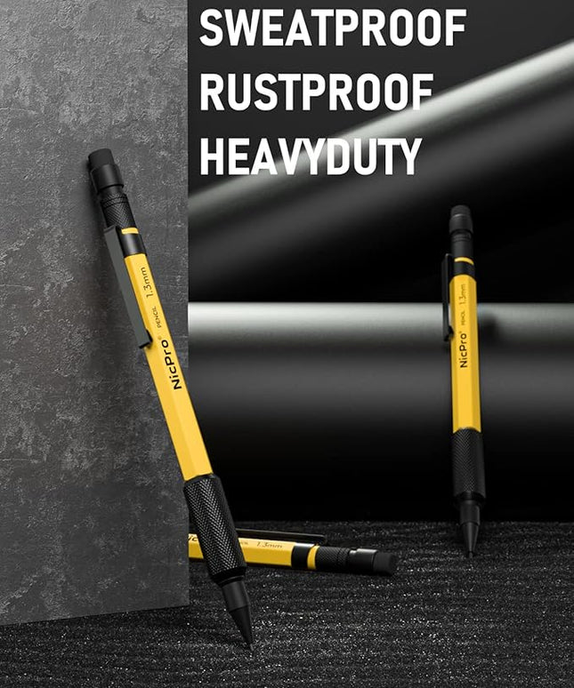 Nicpro 3 PCS 1.3 mm Mechanical Pencil Set with 48 Lead Refills, 3 Eraser - Weatherproof Metal Barrel, Heavy Duty Carpenter Pencil MP2000 for Outdoor Marking Drafting Drawing Woodworking - with Case