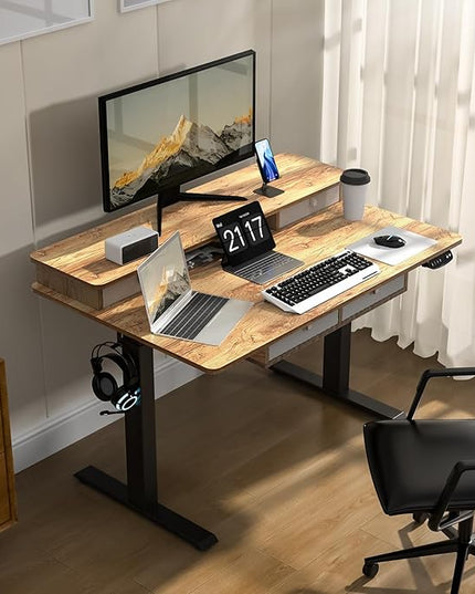 48 * 30 Inches Electric Standing Widened Desk Adjustable Height with 4 Drawers, Double Storage Shelves Stand Up Desk, Home Office Workstation Sit Stand up Desk (Light Rustic Brown)