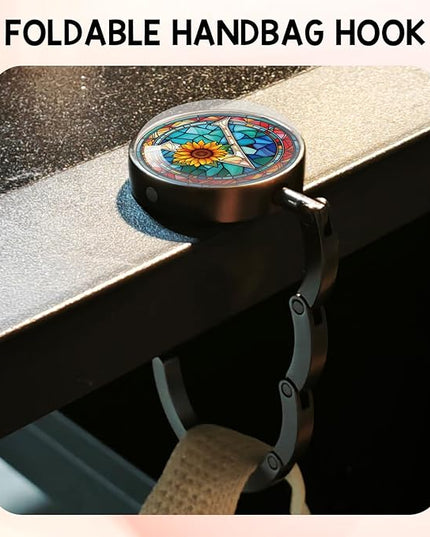YAZMEEN Stained Glass Initial Foldable Purse Hook for Table, Stained Glass Letter V, Women's Handbag Hanger Holder, Portable Purse Table Hanger, Funny Desk Hook Gifts for Mom Wife Sister Friend BFF