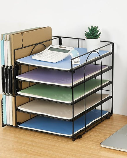 LEKETREE Desk Organizers and Accessories, 5-Tier Paper Letter Tray Organizer with File Holder, Desktop Organizer for Office Supplies (Black)