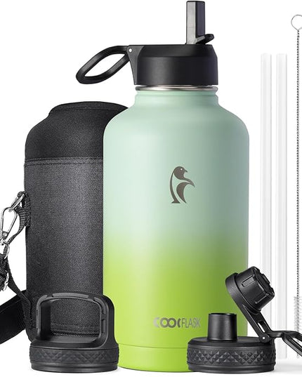 Half Gallon Water Bottle Insulated with Straw & 3 Lids, Coolflask 64 oz Water Jug Large Metal Stainless Steel Wide Mouth for Sports, Gym or Office, Non-BPA Keep Cold 48H Hot 24H, Ombre Green