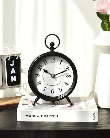 MACVAD Vintage Black Table Clock on Stand, Decorative Desk and Shelf Clock，Decorative Battery Operated Table Top Clock for Living Room，Silent Non-Ticking(Small)