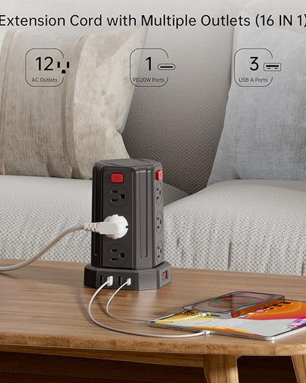 Power Strip Surge Protector, 10 Ft Extension Cord with 12 AC Multiple Outlets 4 USB (1 USB C), SMALLRT Power Tower Desktop Charging Station (Black, 10 FT PD20W)