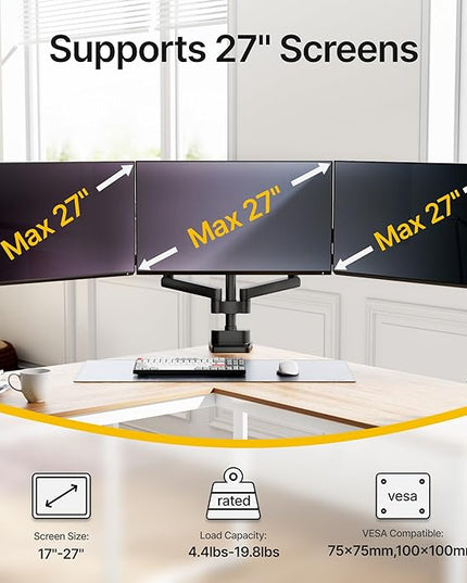 monTEK Triple Monitor Mount for Max 27 inch Computer Screens, 3 Monitor Desk Mount Each Arms Holds up to 19.8lbs, Three Monitors Desk Arm with Swivel, Tilt, Rotation, MA1009PBK-T
