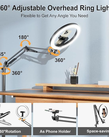 Latest Ring Light with Stand Tripod for iPhone, Overhead Phone Camera Mount with Light and Phone Holder Stand for Recording, 10” Selfie Light for Video,Streaming,Photography, Tiktok, YouTube