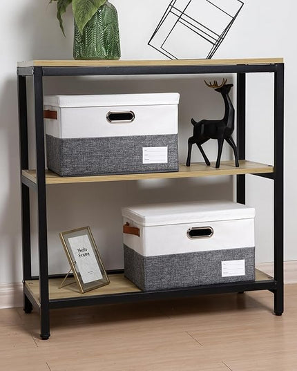 PRANDOM Foldable Storage Bins with Lids [3-Pack] Fabric Collapsible Storage Boxes Baskets Cubes Containers with Handles for Closet Living Room Bedroom (Grey & White 14.9x9.8x9.8'')