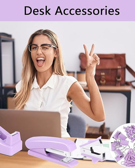 suniya Office Supplies,Desk Accessories,Tape Holder,Stapler,Scissor,Staple Remover,Box of Binder Clips,Staples,Ballpoint Pen,Lndex Tabs,Clear Tape,Office Supplies Set(Purple)