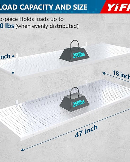 2-Pack 1.5x4ft Heavy Duty Garage Wall Shelving, 500 lbs Load Capacity, Garage Shelving Wall Mounted, Storage Rack with Hooks, White