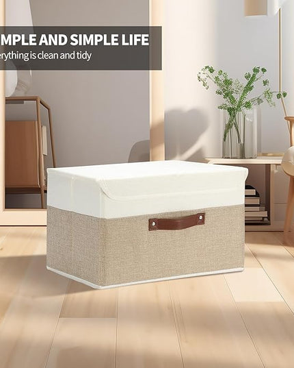 9 Pack Decorative Storage Bins Containers & Fabric Bins with Lids Storage Baskets for Shelves Drawers, Desktop, Closet, Playroom, Classroom, Office, Bedroom, Home, Garage (white/beige, 14.9X10X10)