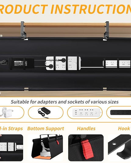 No Drill Under Desk Cable Management Tray, 48" Cord Organizer with Clamp, Fabric Cable Management for Standing Desks, Ideal for Home & Office - Black