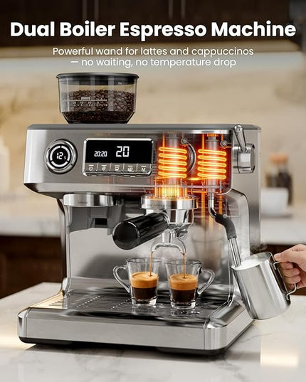 Kismile Dual Boiler Espresso Machine with Grinder, 20 Bar Espresso Maker with Milk Steamer & Hot Water, Dual LED Display, Pressure Gauge, Burr Grinder, coffee Machine for Home&Office, Stainless Steel