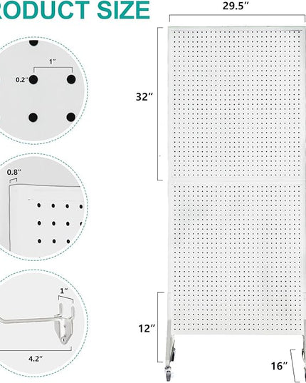 Eastern Tree 2.5'x 6' Metal Pegboard Display Stand with T-Base, Peg Board Panels Display with Casters, Standing Pegboard Display, Retail Display Stand, Extra 10 Pieces Hooks, White