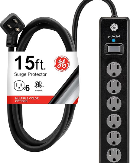 GE Surge Protector Power Strip, 15 Ft Extension Cord, 6 Outlet Extender, 800 Joules, Flat Plug, Twist-to-Close Safety Covers, ETL Listed, Black, 50767