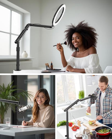 Overhead Camera Mount, Adjustable Desk Mount with Flexible Aluminum Spring Arm, 360° Ball Head, 1/4" 3/8" Screw & Phone Clamp for DSLR Cameras, Light, Heavy Microphones, and Smartphones