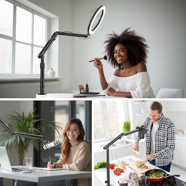 Overhead Camera Mount, Adjustable Desk Mount with Flexible Aluminum Spring Arm, 360° Ball Head, 1/4" 3/8" Screw & Phone Clamp for DSLR Cameras, Light, Heavy Microphones, and Smartphones