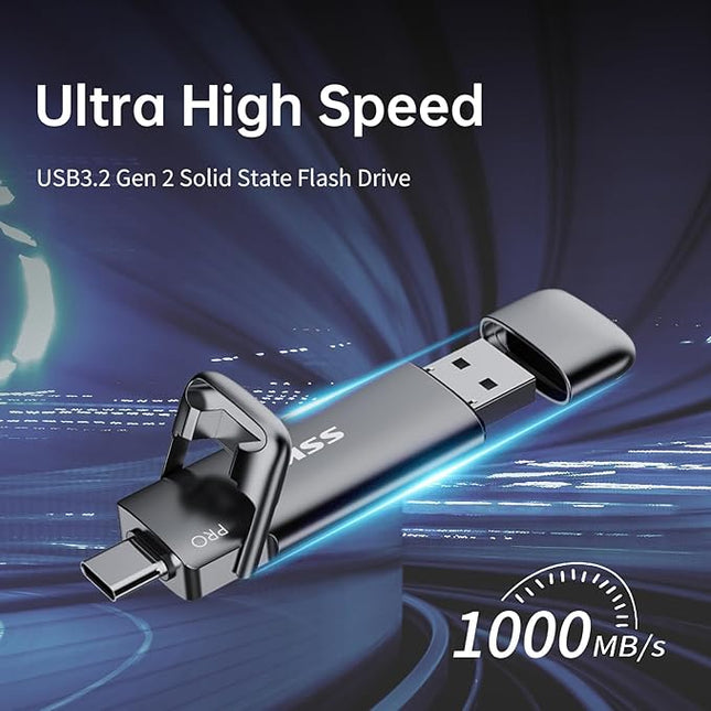 SSK 256GB SSD USB C Stick up to 1000MB/s,Fast Thumb Drive,Dual Drive Type-C + USB A 3.2 Gen 2 External Solid State Drives,USB Memory Stick for iPhone 15/PS4/Android Phone/Tablet/Windows/Mac