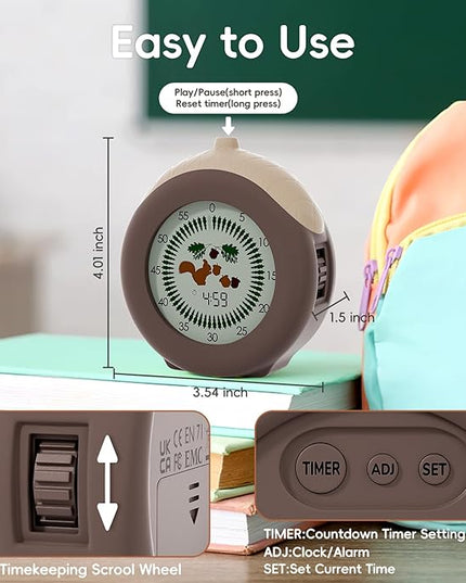 Visual Timer for Kids, 299-Minute Cute Kids Squirrel Timer with Eye-Protection Screen & Protective Case, Homeschool Supplies Study Teaching Time Management Tool