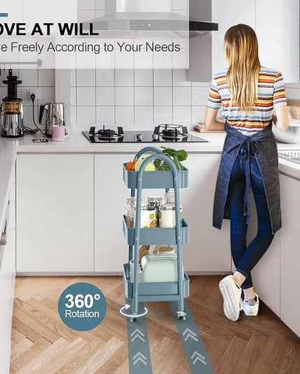 3 Tier Utility Rolling Cart, EAGMAK Metal Storage Cart with Handle and Lockable Wheels, Multifunctional Storage Organizer Trolley with Mesh Baskets for Kitchen, Living Room, Office, Garage (Blue)