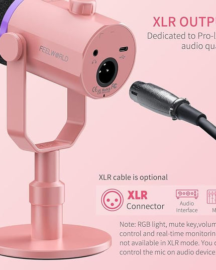 FEELWORLD PM1 XLR USB Dynamic Microphone with Desktop Stand Gifts for Podcast Recording PC Computer Gaming Streaming Vocal Voice-Over, Studio Metal Mic, RGB Light, Mute Button, Headphones Jack (Pink)