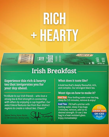 Twinings Irish Breakfast Black Tea Individually Wrapped Bags, 20 Count (Pack of 6), Flavourful, Robust Black Tea, Caffeinated, Enjoy Hot or Iced, 120 Teabags
