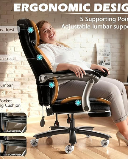 600LBS Reclining Heavy Duty Office Chair with 5D Flip Arms, Big and Tall Office Chair with Pocket Spring Cushion, Large High Back with Adjustable Lumbar Support,Dual Rubber Wheel