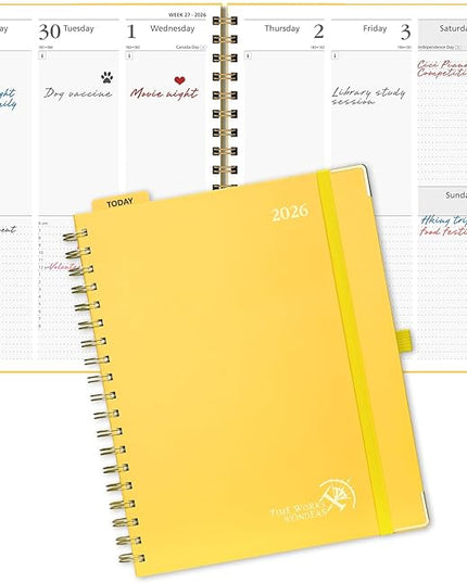 POPRUN 2026 Planner (Large Size 10'' x 8'' Wire-Bound Hard Cover) Daily Weekly and Monthly Calendar - Agenda 2026 (Jan.2026-Dec.2026) with Hourly Schedule, Monthly Tabs - Light Yellow