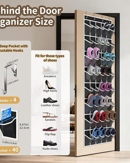 Over the Door Shoe Organizer with 40 Large Pockets, Multi-Purpose Storage for Shoe and Accessories, Durable Fabric with Adjustable Hooks for Home Closet Bedroom Entryway-Black
