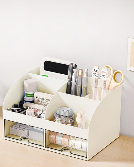 Desk Organizer with 6 Compartments and 2 Drawers, Plastic Makeup Organizer, Pen Holder for Desktop Storage, Desk Organization for School, Home, Office Supplies (Ivory)