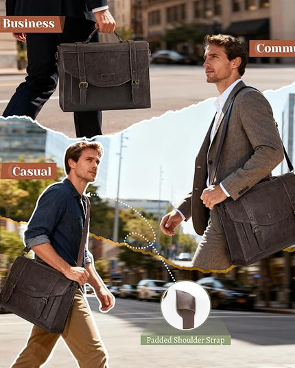 RAINSMORE Flap Messenger Bag for Men Vintage PU Leather Laptop Bag 15.6 Inch Retro Briefcase with Wallet Satchel Computer Bag