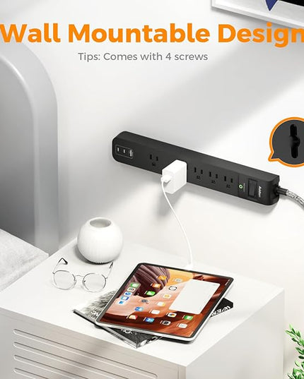 2 Pack Power Strip Surge Protector - 5 Widely Spaced Outlets 3 USB Charging Ports, 1875W/15A 6Ft Braided Extension Cord, Flat Plug Overload Protection, Wall Mount for Home Office Dorm Room Essentials