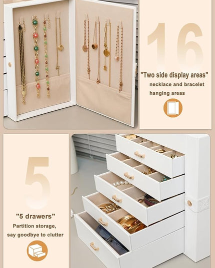 BOOVO Jewelry Box For women, 6 Layer Large Jewelry Organizer With Mirror, Multi-Function Storage Box With Lock, Necklace Holder With 5 Drawers, For Earrings Necklace Bracelet (White and Gold)