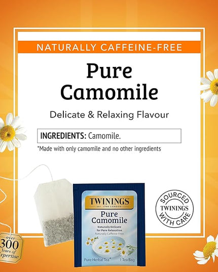 Twinings Pure Camomile Herbal Tea Individually Wrapped Bags, 100 Count (Pack of 1), Delicate for Pure Relaxation, Naturally Caffeine-Free, Enjoy Hot or Iced, 100 Teabags