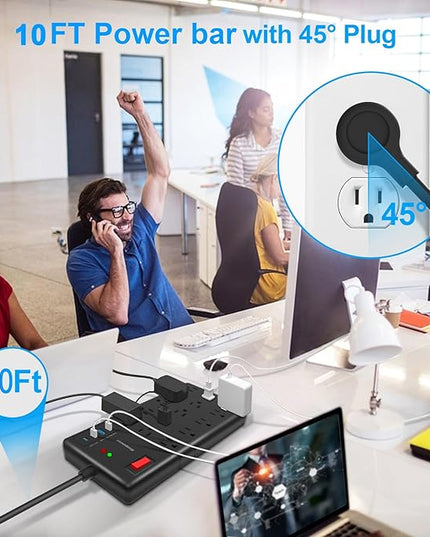 Surge Protector Power Strip 10 ft cord-15 Widely Spaced Outlets and 4 USB Ports(1 USB C Port),14 AWG Extension Cord,1875W/15A Heavy Duty Power Strip Surge Protector 10 ft Cord,2800J,Black