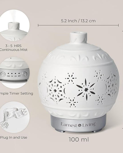 Earnest Living Christmas Ball Essential Oil Diffuser White Ceramic 100 ml Diffuser Home Décor, 7 Color Lights, Timers, Auto Off Cool Mist Humidifier Aromatherapy Diffuser