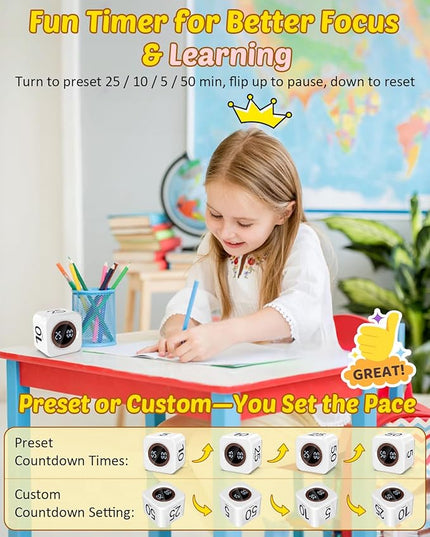 Digital Pomodoro Timer Cube 5/10/25/50min, Visual Productivity Flip Timer for Kids Classroom Desk, Custom Countdown, Silent and Sound Mode for ADHD Study Work Game Kitchen (White)