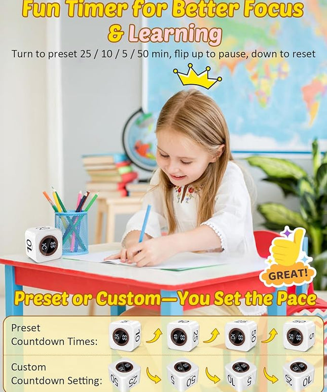 Digital Pomodoro Timer Cube 5/10/25/50min, Visual Productivity Flip Timer for Kids Classroom Desk, Custom Countdown, Silent and Sound Mode for ADHD Study Work Game Kitchen (White)