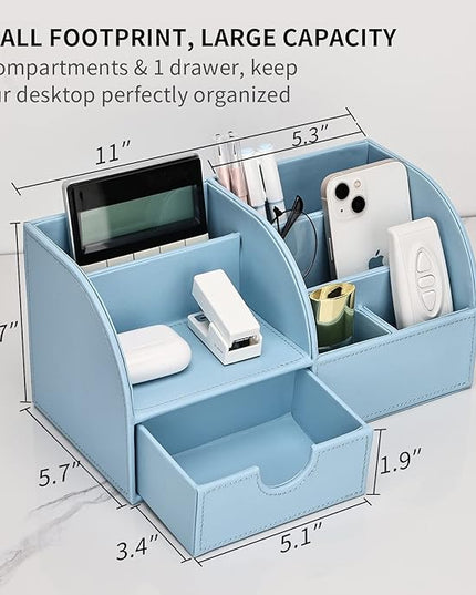KINGFOM Pu Leather Desk Organizer Pen Pencil Holder Office Supplies Caddy Storage Box 6 Compartments with Drawer Blue