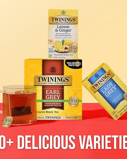 Twinings Decaffeinated Earl Grey Black Tea Individually Wrapped Bags, 100 Count (Pack of 1), Flavoured with Citrus and Bergamot, Enjoy Hot or Iced, 100 Teabags