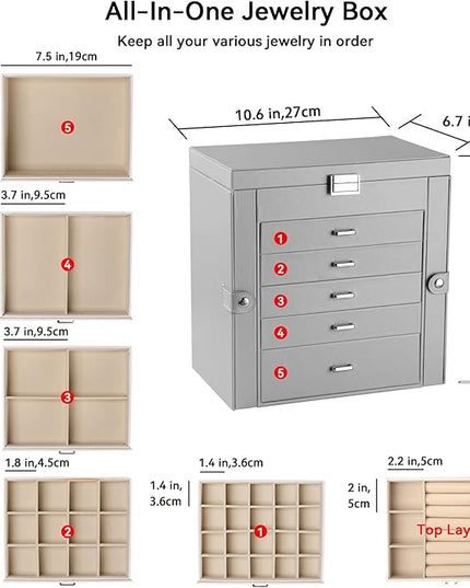 Frebeauty Large Jewelry Box,6-Tier PU Leather Jewelry Organizer,Multi-functional Storage Case with Mirror,Accessories Holder with 5 Drawers for Necklace Bracelets Watches(Grey)
