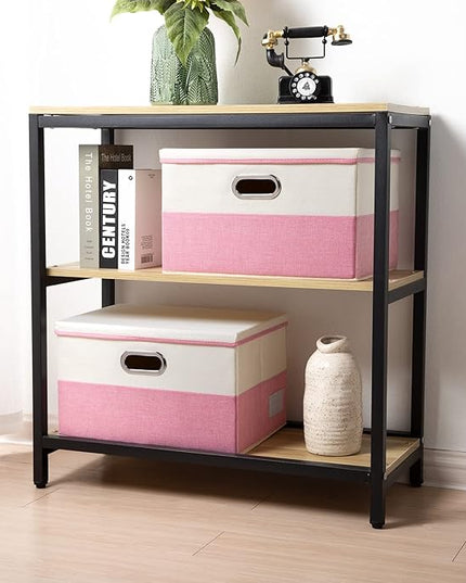 PRANDOM Large Collapsible Storage Bins with Lids [3-Pack] Fabric Foldable Storage Boxes Organizer Containers Baskets Cube with Cover for Home Bedroom Closet Office Pink&Cream(17.7x11.8x11.8)