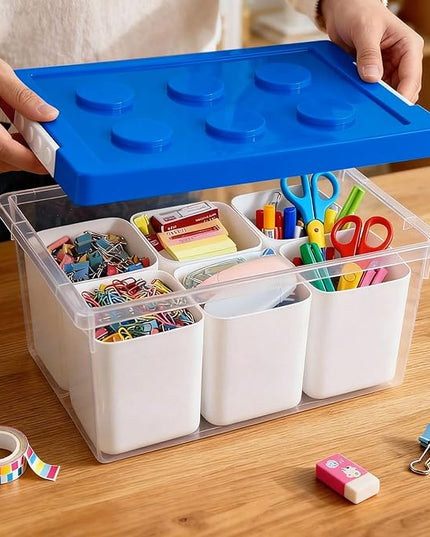 loobuu Plastic Storage Bins with Lids, Art Craft Supply Organizer Box with Brush Pot, Multipurpose Stackable Storage Containers for Organizing Tool, Craft, Crayon,Sewing (Blue)